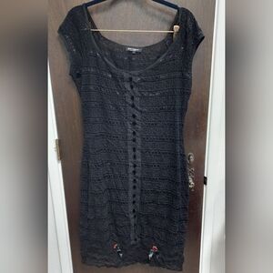 Vintage Betsey Johnson Black Lace Cutout-Front Ribbon Dress L